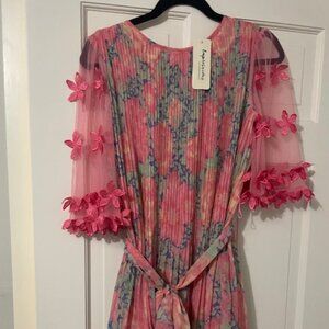 Pink Floral Tie Dress | Decorative sleeves | Size Small